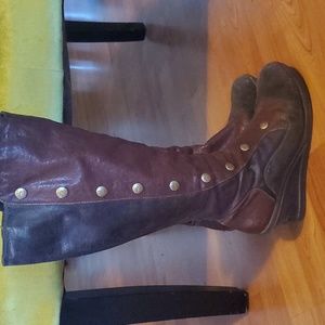 Vintage jump boots with brass buttons and zip side just below knee size 6